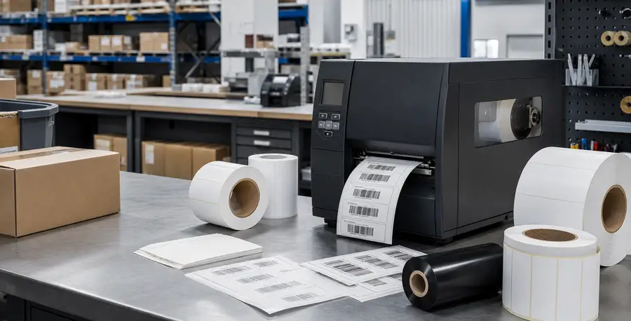 Generic industrial thermal label printer, label rolls, ribbon roll, and barcode labels on a warehouse bench
